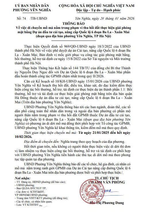 THÔNG BÁO Về việc di chuyển mồ mả nằm trong phạm vi thu hồi đất thực hiện giải phóng mặt bằng Dự án đầu tư cải tạo, nâng cấp Quốc lộ 6 đoạn Ba La - Xuân Mai- Ảnh 1.