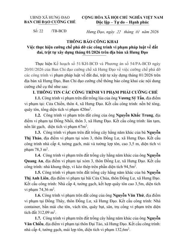 THÔNG BÁO CÔNG KHAI 
Việc thực hiện cưỡng chế phá dỡ các công trình vi phạm pháp luật về đất đai, trật tự xây dựng tháng 01/2026 trên địa bàn xã Hưng Đạo- Ảnh 1.
