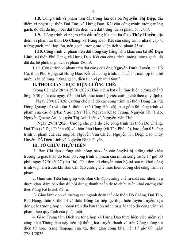 THÔNG BÁO CÔNG KHAI 
Việc thực hiện cưỡng chế phá dỡ các công trình vi phạm pháp luật về đất đai, trật tự xây dựng tháng 01/2026 trên địa bàn xã Hưng Đạo- Ảnh 2.