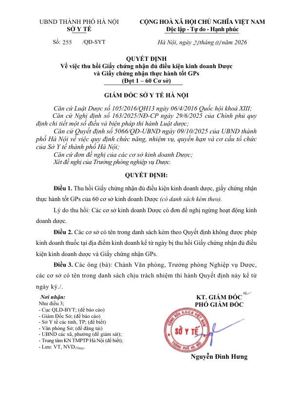 DANH SÁCH CƠ SỞ THU HỒI GIẤY CHỨNG NHẬN GPP VÀ GIẤY CHỨNG NHẬN ĐỦ ĐIIỀU KIỆN KINH DOANH DƯỢC - Ảnh 1.