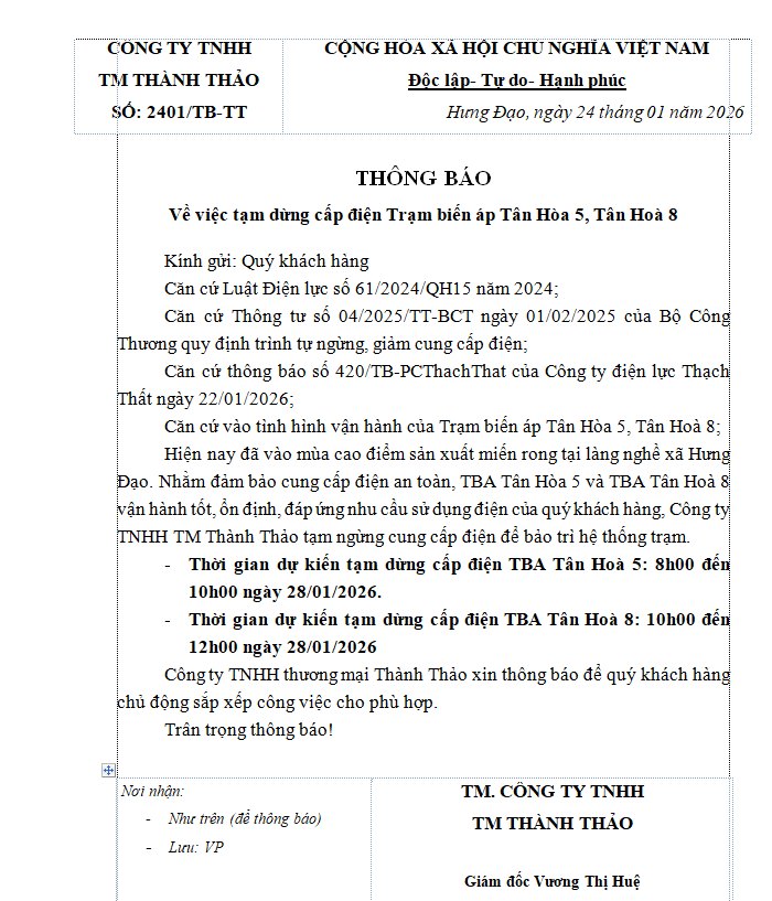 THÔNG BÁO
Về việc tạm dừng cấp điện Trạm biến áp Tân Hòa 5, Tân Hoà 8- Ảnh 1.