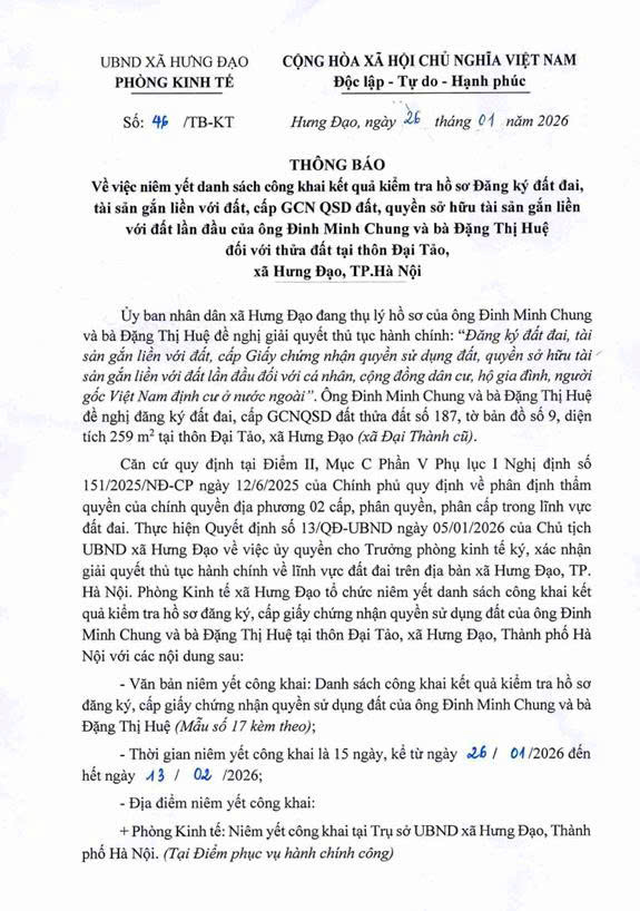 THÔNG BÁO
Về việc niêm yết danh sách công khai kết quả kiểm tra hồ sơ Đăng ký đất đai, tài sản gắn liền với đất, cấp GCN QSD đất, quyền sở hữu tài sản gắn liền với đất lần đầu- Ảnh 1.