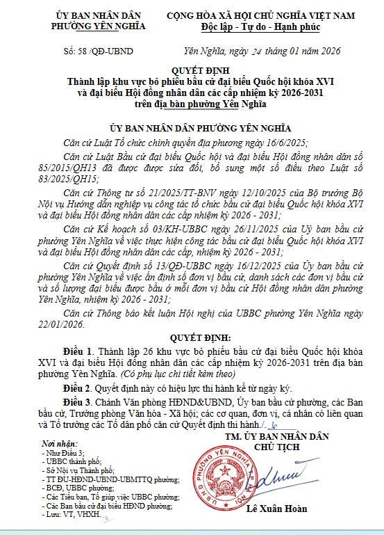 QUYẾT ĐỊNH
Thành lập khu vực bỏ phiếu bầu cử đại biểu Quốc hội khóa XVI và Đại biểu Hội đồng nhân dân các cấp nhiệm kỳ 2026-2031 trên địa bàn phường Yên Nghĩa- Ảnh 1.