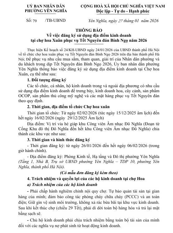 THÔNG BÁO của UBND về việc đăng ký sử dụng địa điểm kinh doanh tại chợ hoa Xuân phục vụ Tết Nguyên đán Bính Ngọ năm 2026- Ảnh 1.