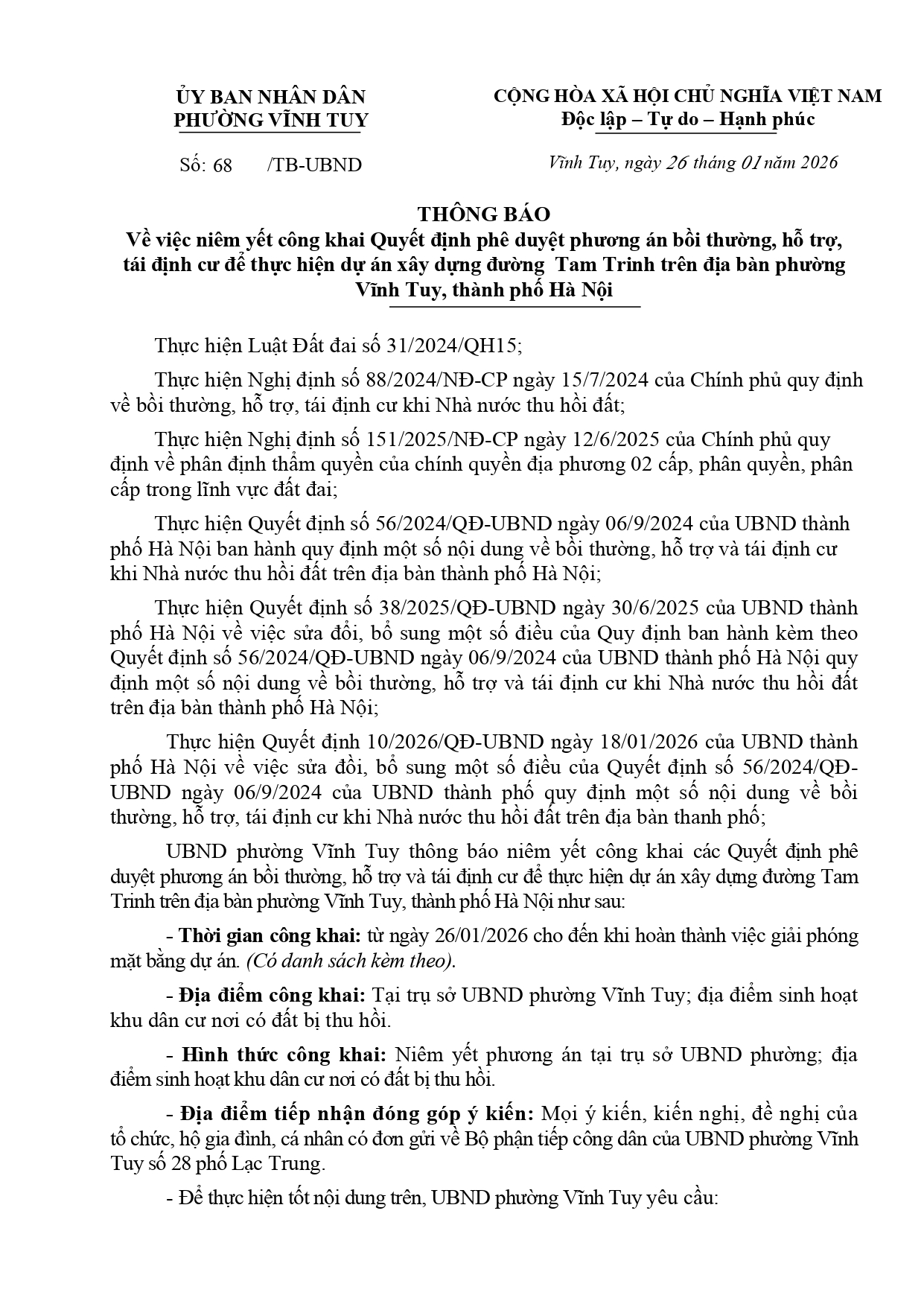 Thông báo Về việc niêm yết công khai Quyết định phê duyệt phương án bồi thường, hỗ trợ, tái định cư để thực hiện dự án xây dựng đường Tam Trinh - Ảnh 1.