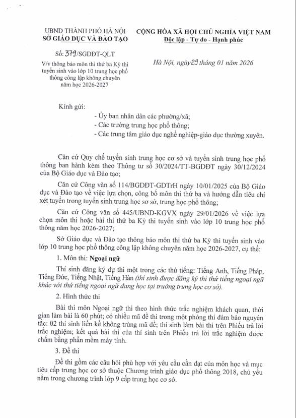 Thông báo môn thi thứ ba Kỳ thi tuyển sinh vào lớp 10 THPT công lập không chuyên năm học 2026-2027- Ảnh 1.