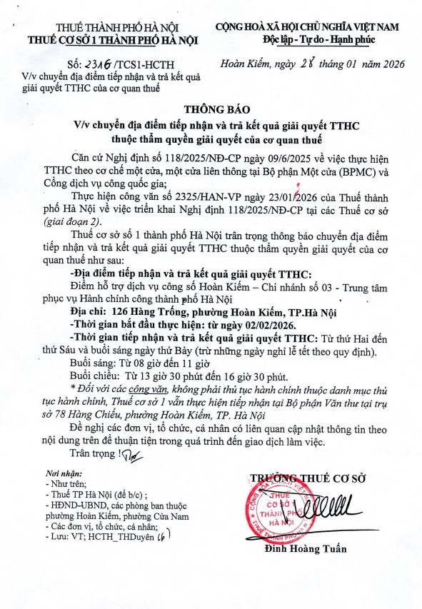 Thông báo về việc chuyển địa điểm tiếp nhận và trả kết quả giải quyết TTHC thuộc thẩm quyền giải quyết của cơ quan thuế- Ảnh 1.