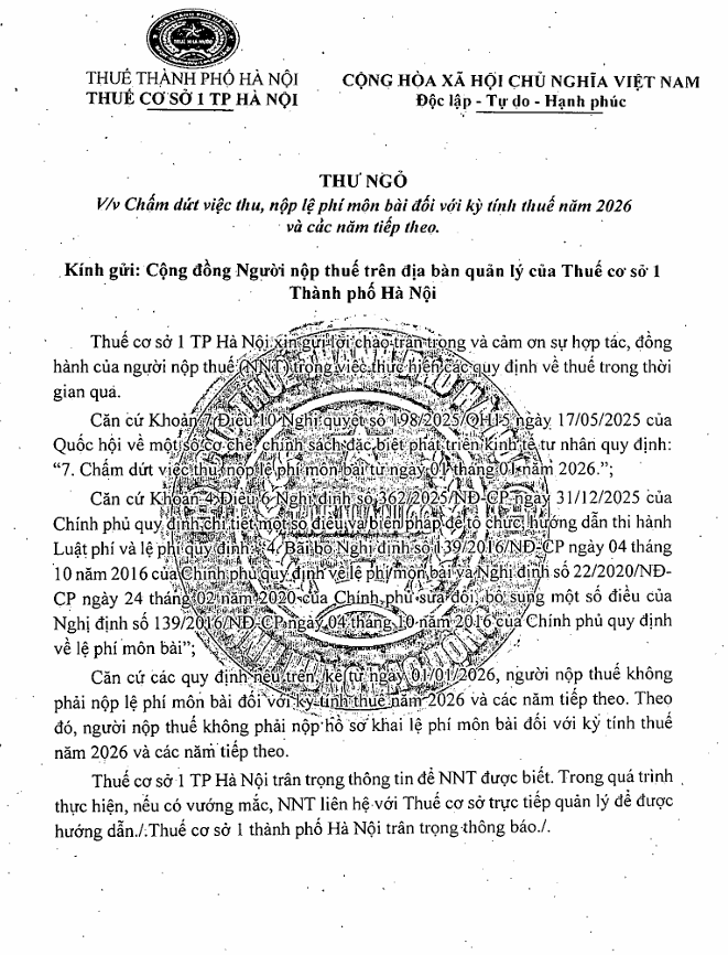 Thư ngỏ về việc Chấm dứt việc thu. nộp lệ phí môn bài đối với kỳ tính thuế năm 2026 và các năm tiếp theo- Ảnh 1.