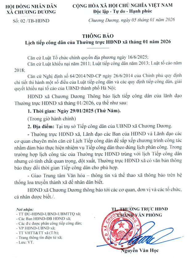 Thông báo Lịch tiếp công dân của Thường trực HĐND xã tháng 01/2026- Ảnh 1.