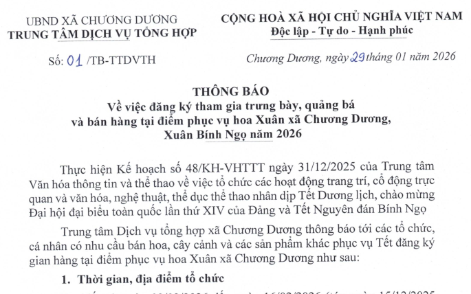THÔNG BÁO: Về việc đăng ký tham gia trưng bày, quảng bá và bán hàng tại điểm phục vụ hoa Xuân xã Chương Dương Xuân Bính Ngọ năm 2026