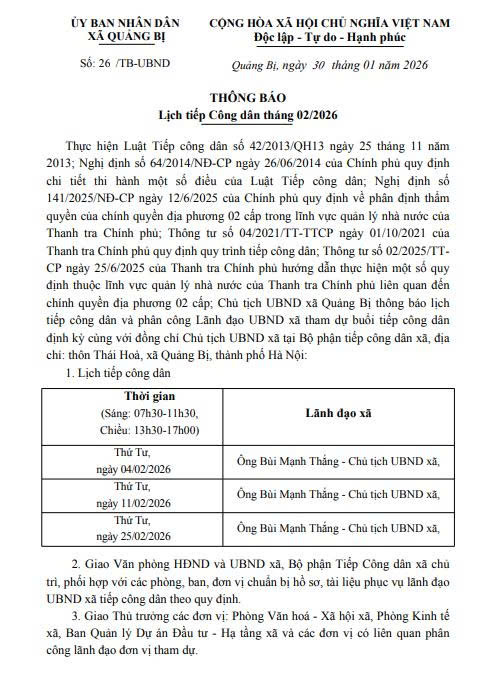 Lịch tiếp công dân tháng 02 năm 2026 của Lãnh đạo UBND xã Quảng Bị- Ảnh 1.