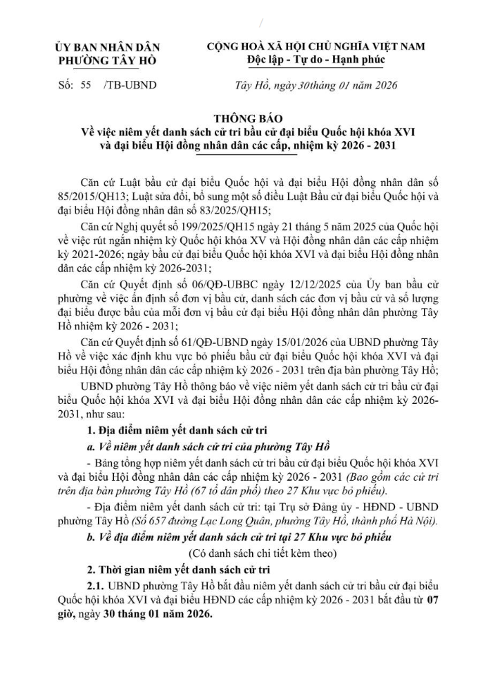 Phường Tây Hồ niêm yết danh sách cử tri bầu cử đại biểu Quốc hội khoá XVI và đại biểu HĐND các cấp, nhiệm kỳ 2026 – 2031- Ảnh 1.