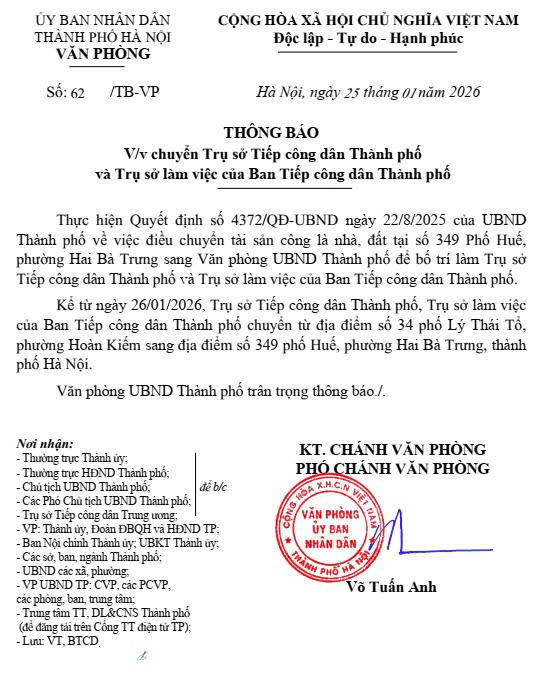 Thông báo về việc chuyển Trụ sở Tiếp công dân Thành phố và Trụ sở làm việc của Ban Tiếp công dân Thành phố.- Ảnh 1.