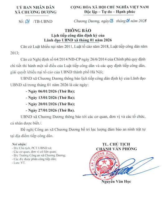 Thông báo Lịch tiếp công dân định kỳ của Lãnh đạo UBND xã Chương Dương tháng 01 năm 2026- Ảnh 1.