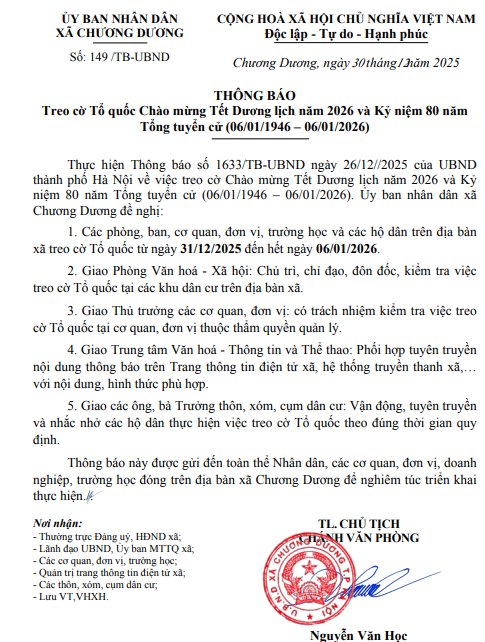 Thông báo treo cờ Tổ quốc chào mừng Tết Dương lịch năm 2026- Ảnh 1.