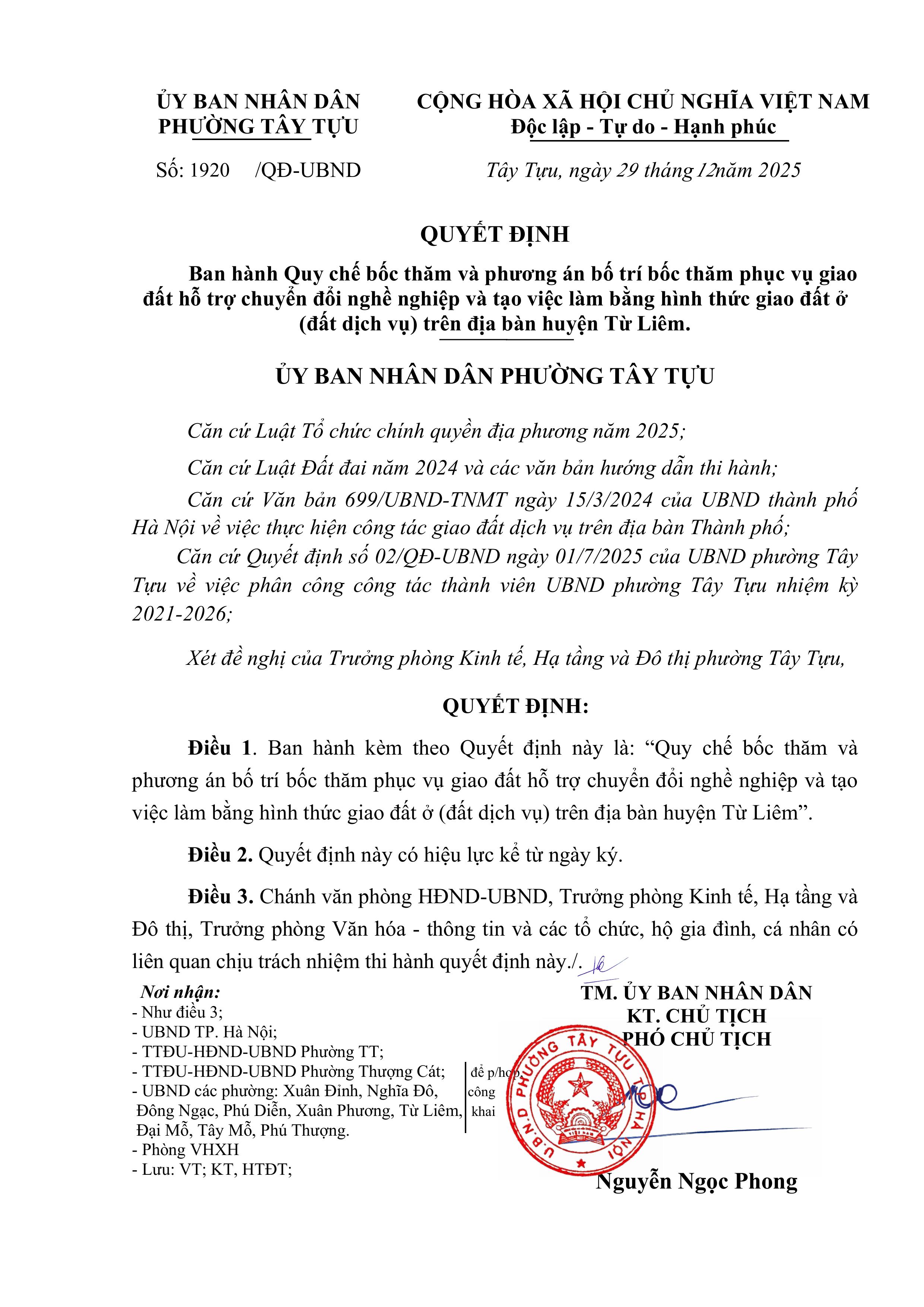 UBND phường Đại Mỗ công khai Quyết định Ban hành Quy chế bốc thăm và phương án bố trí bốc thăm phục vụ giao đất hỗ trợ chuyển đổi nghề nghiệp và tạo việc làm bằng hình thức giao đất ở (đất dịch vụ) trên địa bàn huyện Từ Liêm- Ảnh 1.