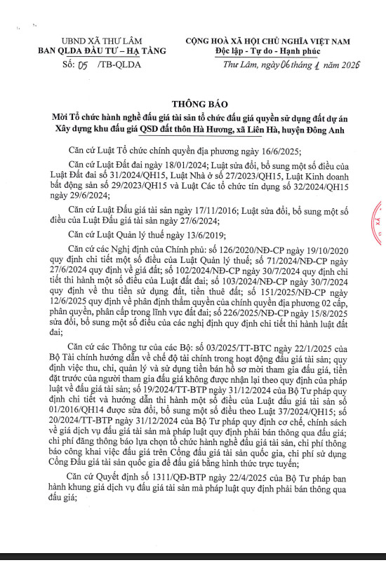 Thông báo mời Tổ chức hành nghề đấu giá tài sản tổ chức đấu giá quyền sử dụng đất dự án xây dựng khu đấu giá QSD đất thôn Hà Hương, xã Liên Hà, huyện Đông Anh
- Ảnh 1.