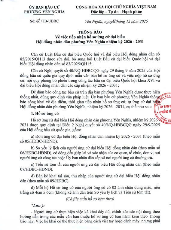 Thông báo của UB bầu cử về việc tiếp nhận hồ sơ ứng cử đại biểu HĐND phường Yên Nghĩa nhiệm kỳ 2026 - 2031- Ảnh 1.