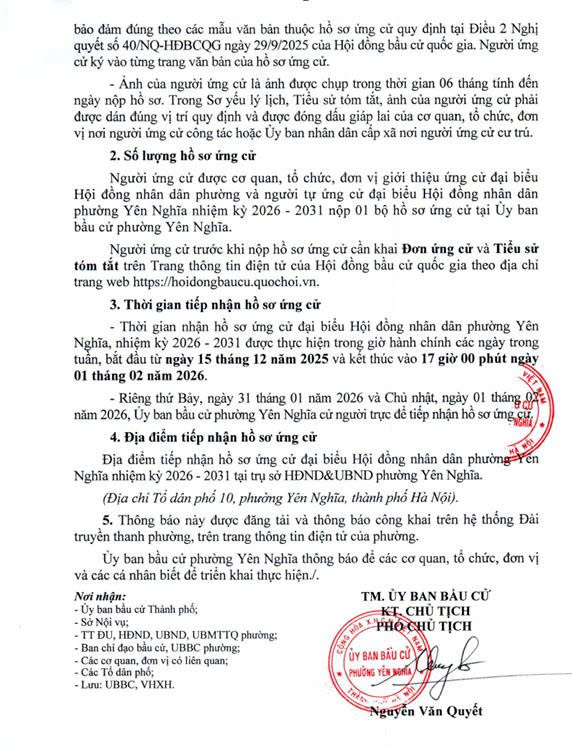 Thông báo của UB bầu cử về việc tiếp nhận hồ sơ ứng cử đại biểu HĐND phường Yên Nghĩa nhiệm kỳ 2026 - 2031- Ảnh 2.