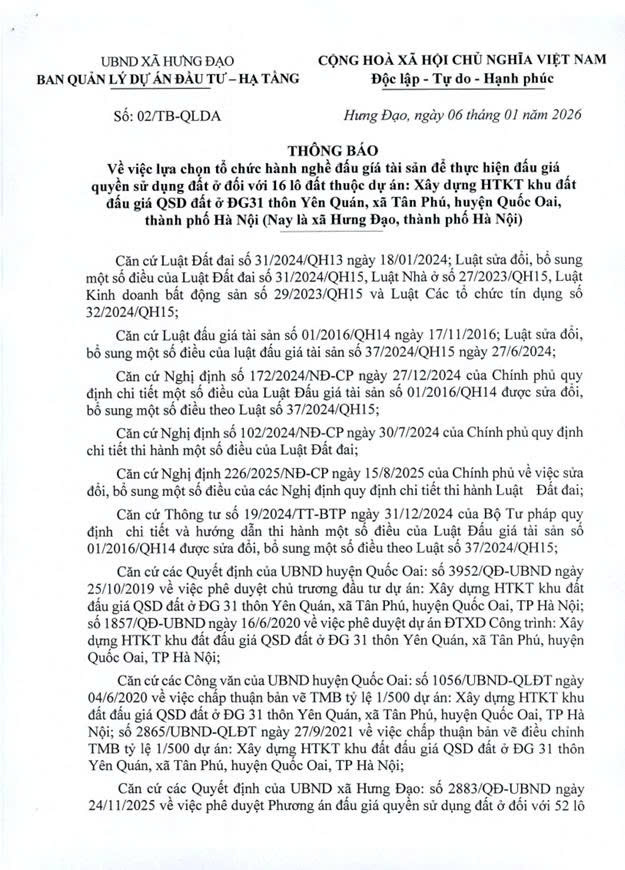 THÔNG BÁO
Về việc lựa chọn tổ chức hành nghề đấu giá tài sản để thực hiện đấu giá quyền sử dụng đất ở đối với 16 lô đất thuộc dự án: Xây dựng HTKT khu đất đấu giá QSD đất ở ĐG31 thôn Yên Quán- Ảnh 1.