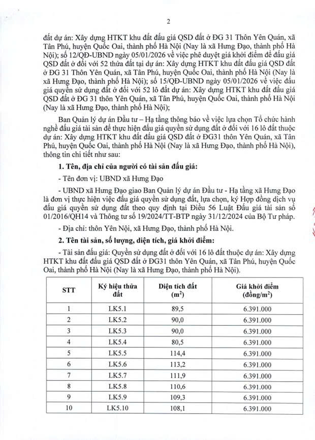 THÔNG BÁO
Về việc lựa chọn tổ chức hành nghề đấu giá tài sản để thực hiện đấu giá quyền sử dụng đất ở đối với 16 lô đất thuộc dự án: Xây dựng HTKT khu đất đấu giá QSD đất ở ĐG31 thôn Yên Quán- Ảnh 2.