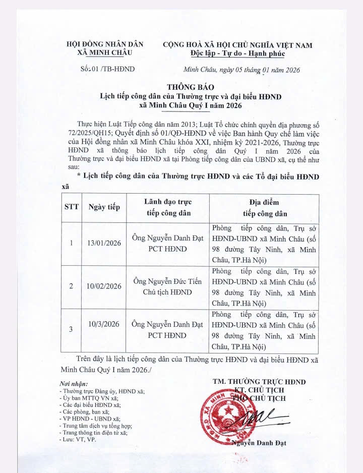 Hội đồng Nhân dân xã Minh Châu thông báo về lịch tiếp công dân của Thường trực và đại biểu HĐND xã Minh Châu quý I/2026- Ảnh 1.