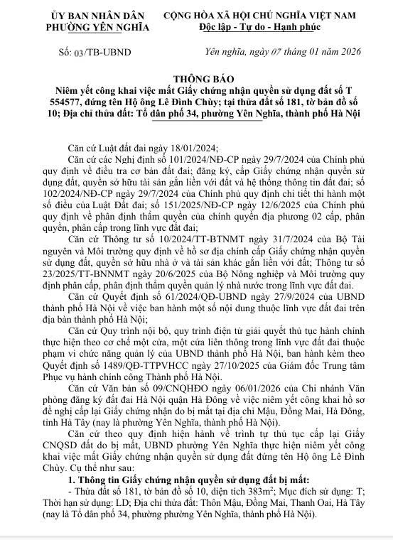 THÔNG BÁO
Niêm yết công khai việc mất Giấy chứng nhận quyền sử dụng đất số T554577, đứng tên Hộ ông Lê Đình Chùy- Ảnh 1.