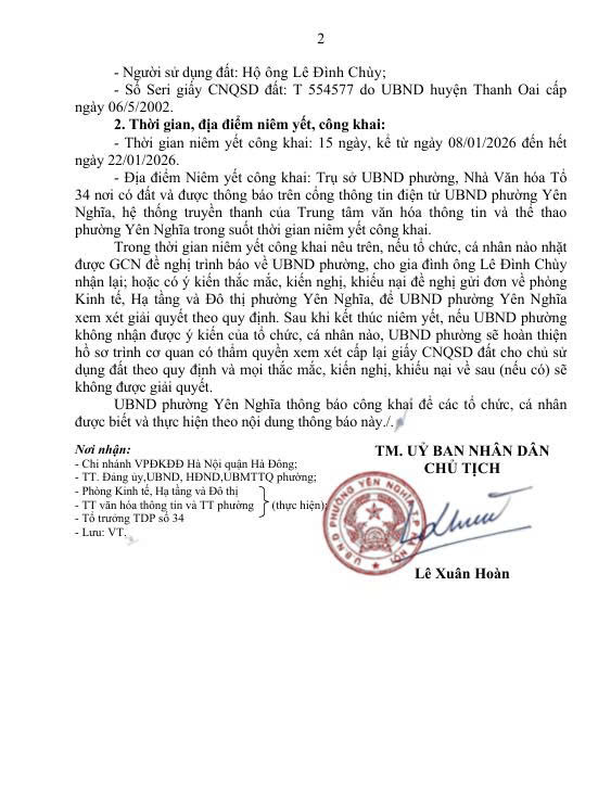 THÔNG BÁO
Niêm yết công khai việc mất Giấy chứng nhận quyền sử dụng đất số T554577, đứng tên Hộ ông Lê Đình Chùy- Ảnh 2.