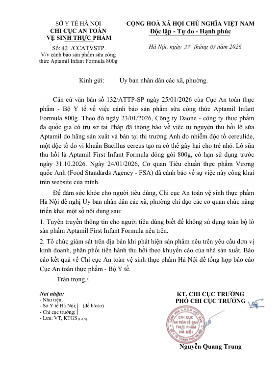 Thu hồi sản phẩm sữa công thức Aptamil Infant Formula 800g do nghi nhiễm độc tố- Ảnh 1.