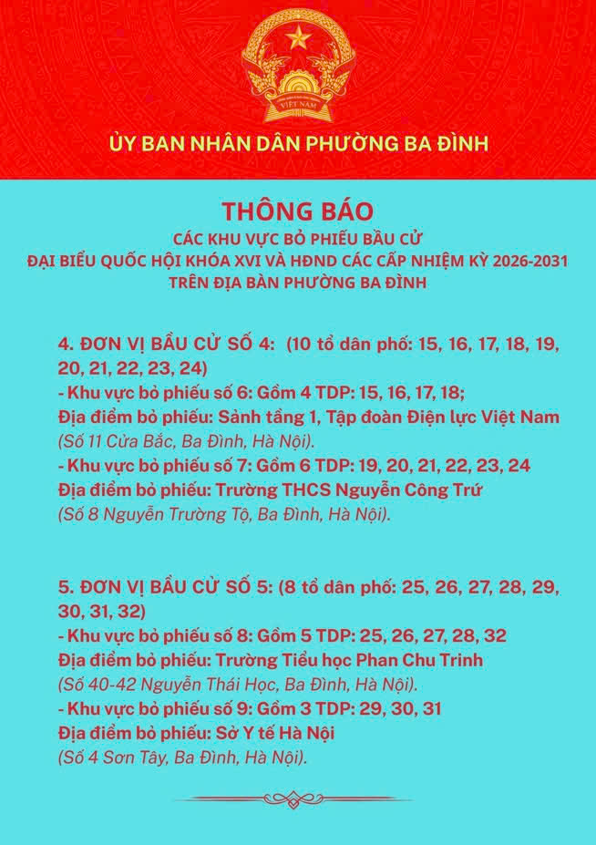 Thông báo các khu vực bỏ phiếu bầu cử Đại biểu Quốc hội khóa XVI và HĐND các cấp nhiệm kỳ 2026 - 2031 trên địa bàn phường Ba Đình- Ảnh 2.