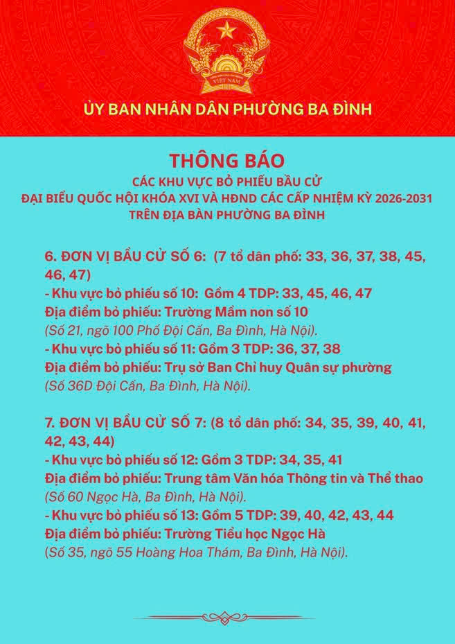 Thông báo các khu vực bỏ phiếu bầu cử Đại biểu Quốc hội khóa XVI và HĐND các cấp nhiệm kỳ 2026 - 2031 trên địa bàn phường Ba Đình- Ảnh 3.