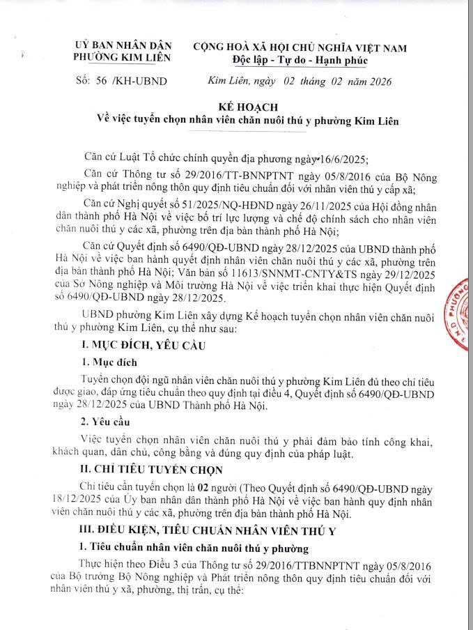 Kế hoạch về việc tuyển chọn nhân viên chăn nuôi thú y phường Kim Liên- Ảnh 1.