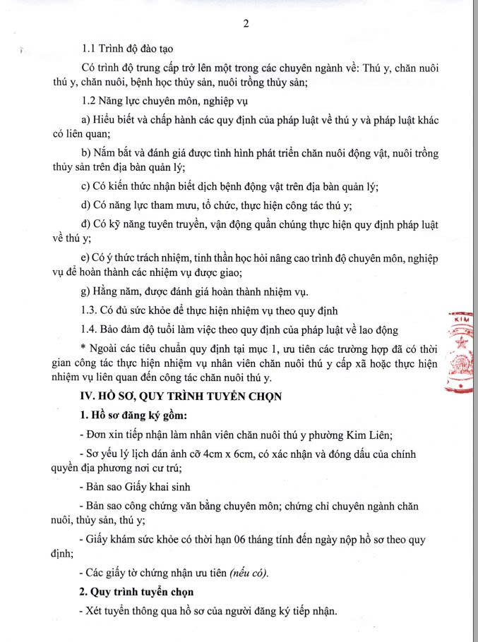 Kế hoạch về việc tuyển chọn nhân viên chăn nuôi thú y phường Kim Liên- Ảnh 2.