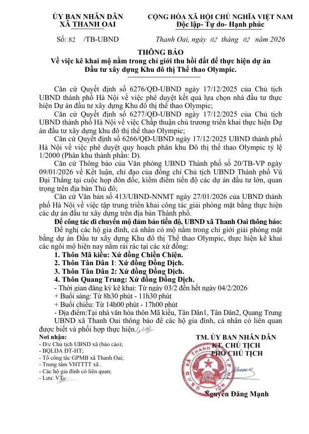 THÔNG BÁO Về việc kê khai mộ nằm trong chỉ giới thu hồi đất để thực hiện Dự án Đầu tư xây dựng Khu đô thị Thể thao Olympic- Ảnh 1.