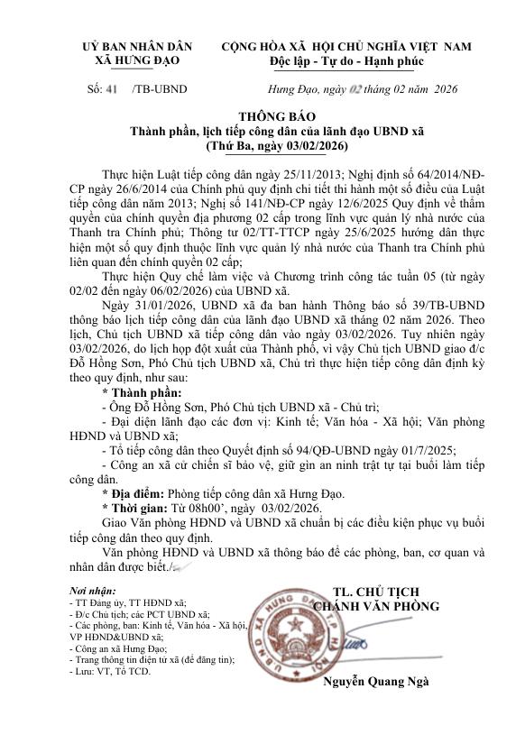 THÔNG BÁO
Thành phần, lịch tiếp công dân của lãnh đạo UBND xã
(Thứ Ba, ngày 03/02/2026)- Ảnh 1.