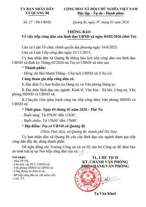 Lịch tiếp công dân của Lãnh đạo UBND xã ngày 04/02/2026 (thứ 4)- Ảnh 1.