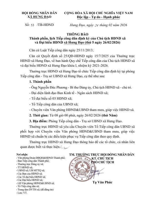 THÔNG BÁO
Thành phần, lịch Tiếp công dân định kỳ của Chủ tịch HĐND xã và Đại biểu HĐND xã Hưng Đạo (thứ 5 ngày 26/02/2026)- Ảnh 1.