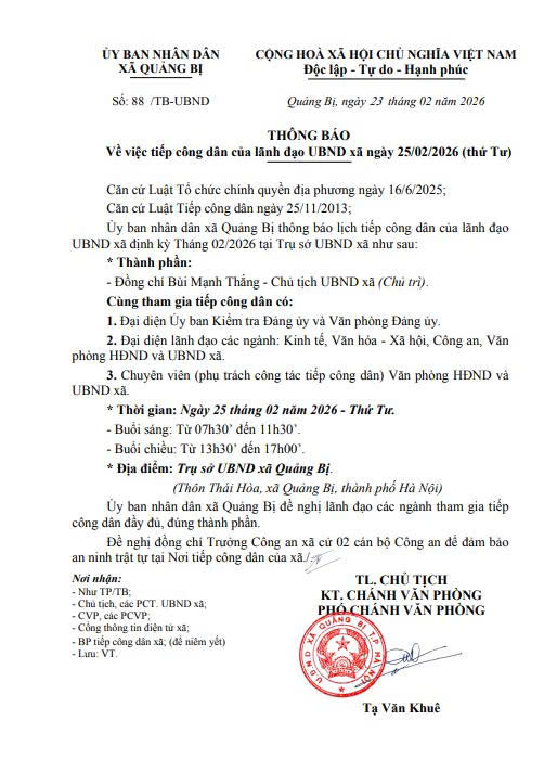 Lịch tiếp công dân của Lãnh đạo UBND xã ngày 25/02/2026- Ảnh 1.