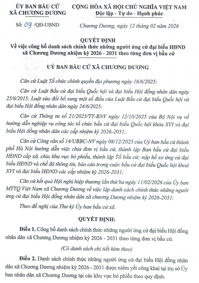 ỦY BAN BẦU CỬ XÃ CHƯƠNG DƯƠNG: Công bố danh sách chính thức những người ứng cử đại biểu HĐND xã Chương Dương nhiệm kỳ 2026 – 2031 theo từng đơn vị bầu cử- Ảnh 1.