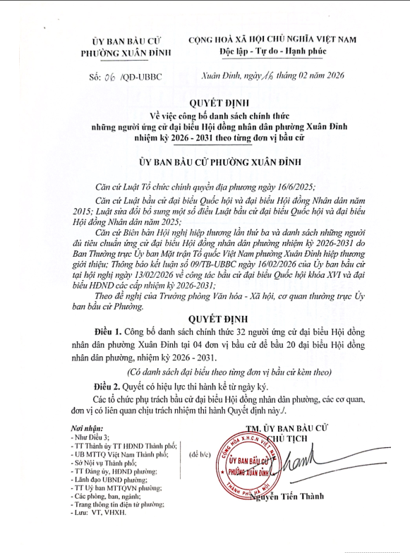 Công bố Danh sách chính thức những người ứng cử đại biểu HĐND phường Xuân Đỉnh nhiệm kỳ 2026-2031 theo từng đơn vị bầu cử- Ảnh 1.