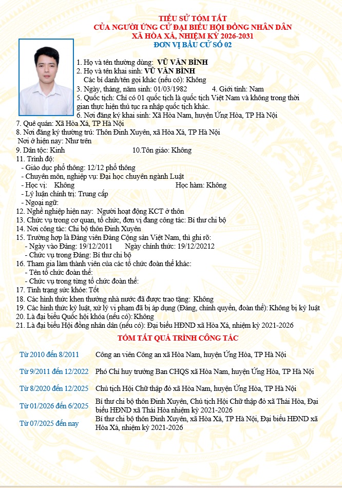 ĐƠN VỊ BẦU CỬ SỐ 02 XÃ HÒA XÁ 
DANH SÁCH CHÍNH THỨC NHỮNG NGƯỜI ỨNG CỬ ĐẠI BIỂU HỘI ĐỒNG NHÂN DÂN XÃ HÒA XÁ KHOÁ II, NHIỆM KỲ 2026-2031- Ảnh 2.