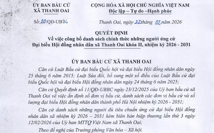 CÔNG BỐ DANH SÁCH CHÍNH THỨC NHỮNG NGƯỜI ỨNG CỬ ĐẠI BIỂU HỘI ĐỒNG NHÂN DÂN XÃ THANH OAI KHÓA II, NHIỆM KỲ 2026 - 2031