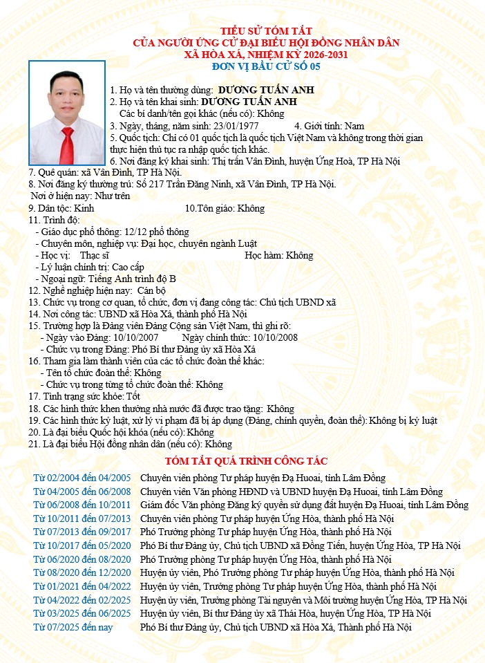 ĐƠN VỊ BẦU CỬ SỐ 05 XÃ HÒA XÁ 
DANH SÁCH CHÍNH THỨC NHỮNG NGƯỜI ỨNG CỬ ĐẠI BIỂU HỘI ĐỒNG NHÂN DÂN XÃ HÒA XÁ KHOÁ II, NHIỆM KỲ 2026-2031- Ảnh 2.