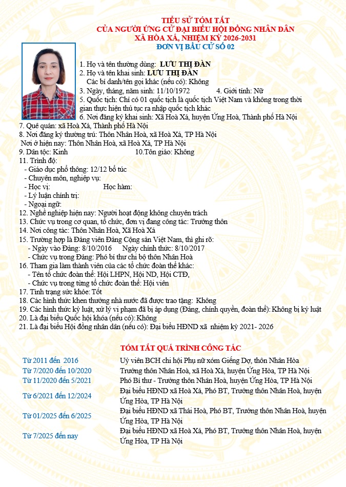 ĐƠN VỊ BẦU CỬ SỐ 02 XÃ HÒA XÁ 
DANH SÁCH CHÍNH THỨC NHỮNG NGƯỜI ỨNG CỬ ĐẠI BIỂU HỘI ĐỒNG NHÂN DÂN XÃ HÒA XÁ KHOÁ II, NHIỆM KỲ 2026-2031- Ảnh 3.