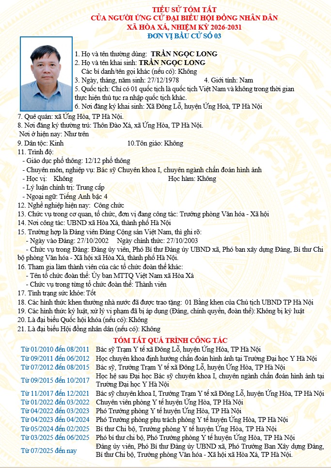 ĐƠN VỊ BẦU CỬ SỐ 03 XÃ HÒA XÁ 
DANH SÁCH CHÍNH THỨC NHỮNG NGƯỜI ỨNG CỬ ĐẠI BIỂU HỘI ĐỒNG NHÂN DÂN XÃ HÒA XÁ KHOÁ II, NHIỆM KỲ 2026-2031- Ảnh 3.