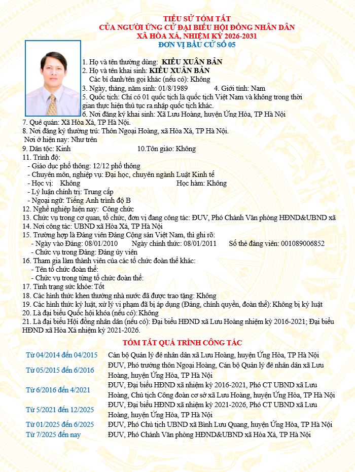 ĐƠN VỊ BẦU CỬ SỐ 05 XÃ HÒA XÁ 
DANH SÁCH CHÍNH THỨC NHỮNG NGƯỜI ỨNG CỬ ĐẠI BIỂU HỘI ĐỒNG NHÂN DÂN XÃ HÒA XÁ KHOÁ II, NHIỆM KỲ 2026-2031- Ảnh 3.