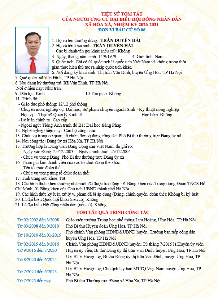 ĐƠN VỊ BẦU CỬ SỐ 06 XÃ HÒA XÁ 
DANH SÁCH CHÍNH THỨC NHỮNG NGƯỜI ỨNG CỬ ĐẠI BIỂU HỘI ĐỒNG NHÂN DÂN XÃ HÒA XÁ KHOÁ II, NHIỆM KỲ 2026-2031- Ảnh 3.