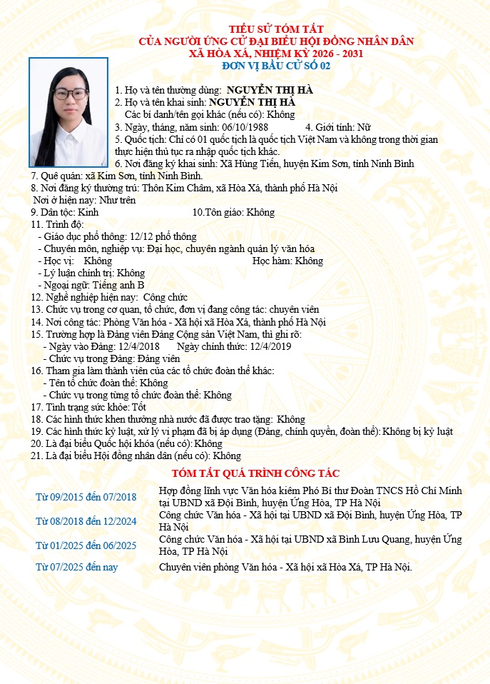 ĐƠN VỊ BẦU CỬ SỐ 02 XÃ HÒA XÁ 
DANH SÁCH CHÍNH THỨC NHỮNG NGƯỜI ỨNG CỬ ĐẠI BIỂU HỘI ĐỒNG NHÂN DÂN XÃ HÒA XÁ KHOÁ II, NHIỆM KỲ 2026-2031- Ảnh 4.