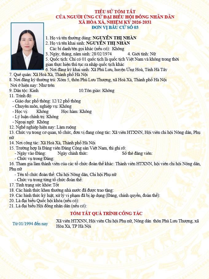 ĐƠN VỊ BẦU CỬ SỐ 03 XÃ HÒA XÁ 
DANH SÁCH CHÍNH THỨC NHỮNG NGƯỜI ỨNG CỬ ĐẠI BIỂU HỘI ĐỒNG NHÂN DÂN XÃ HÒA XÁ KHOÁ II, NHIỆM KỲ 2026-2031- Ảnh 4.