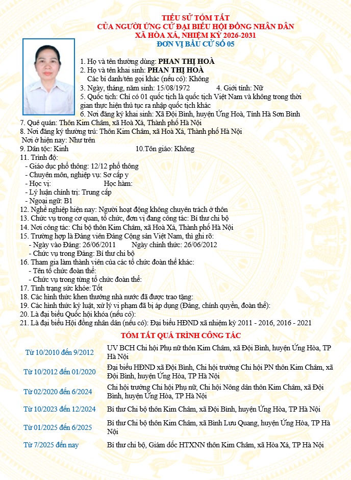 ĐƠN VỊ BẦU CỬ SỐ 05 XÃ HÒA XÁ 
DANH SÁCH CHÍNH THỨC NHỮNG NGƯỜI ỨNG CỬ ĐẠI BIỂU HỘI ĐỒNG NHÂN DÂN XÃ HÒA XÁ KHOÁ II, NHIỆM KỲ 2026-2031- Ảnh 4.